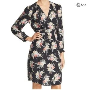 Like New Rebecca Taylor SILK Black Floral Long-Sleeve Tie-Waist Dress